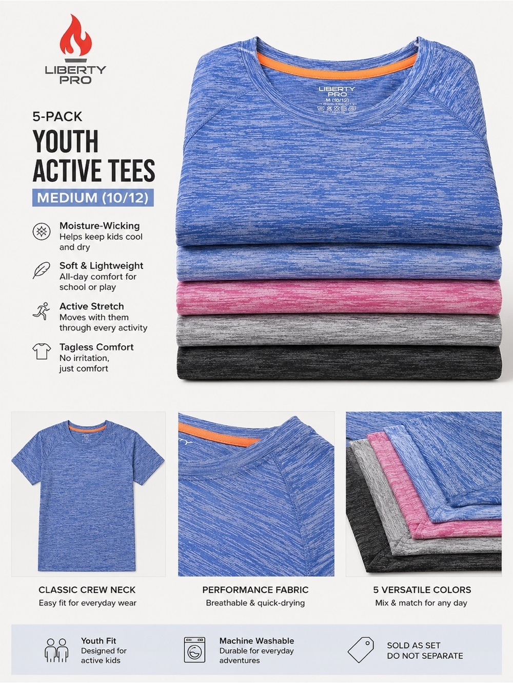 liberty Boys' 5 pack Short Sleeve Crew Tees